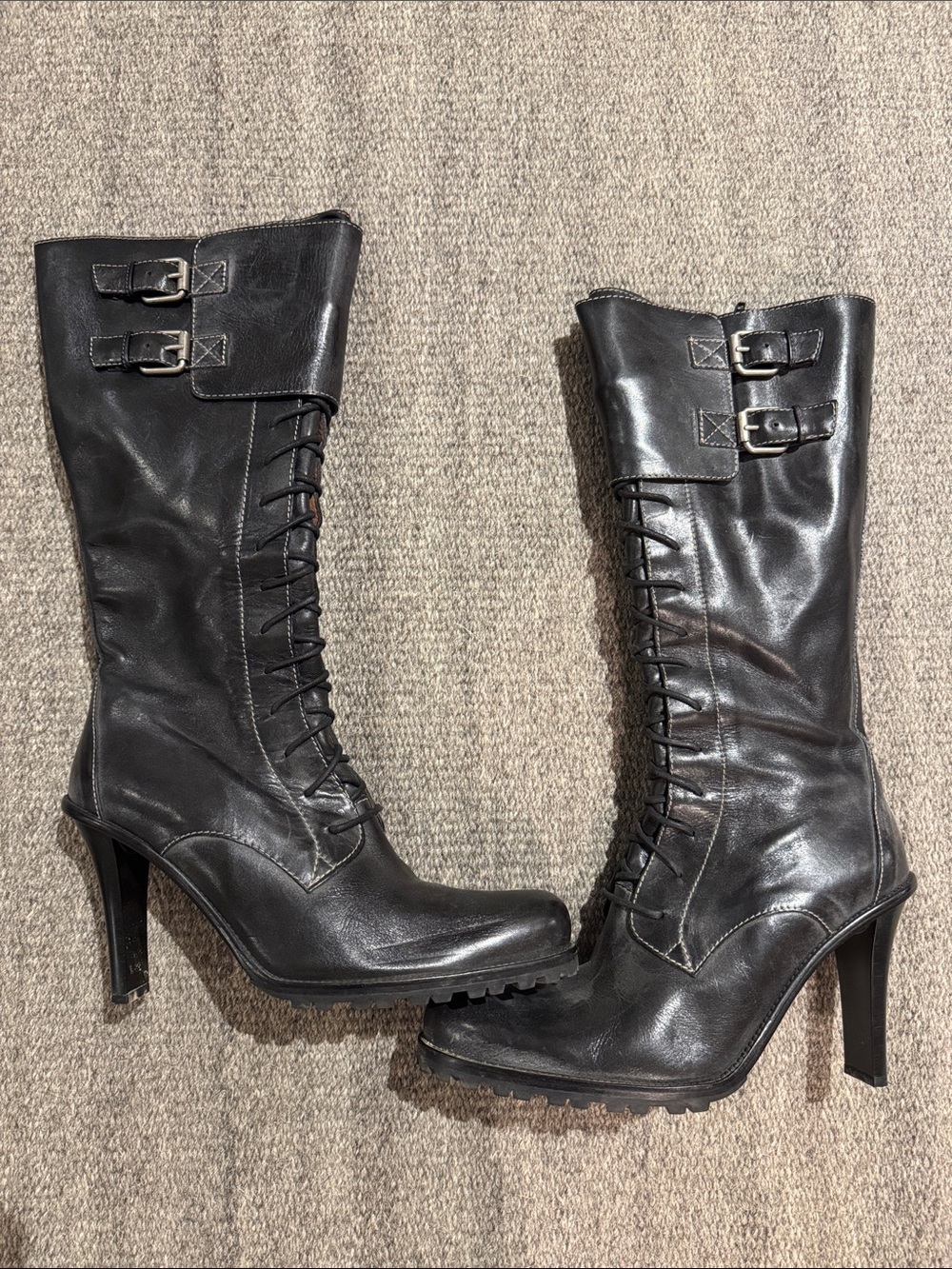 Donald J. Pliner Black Lace-Up Knee-High Heeled Boots with Buckles